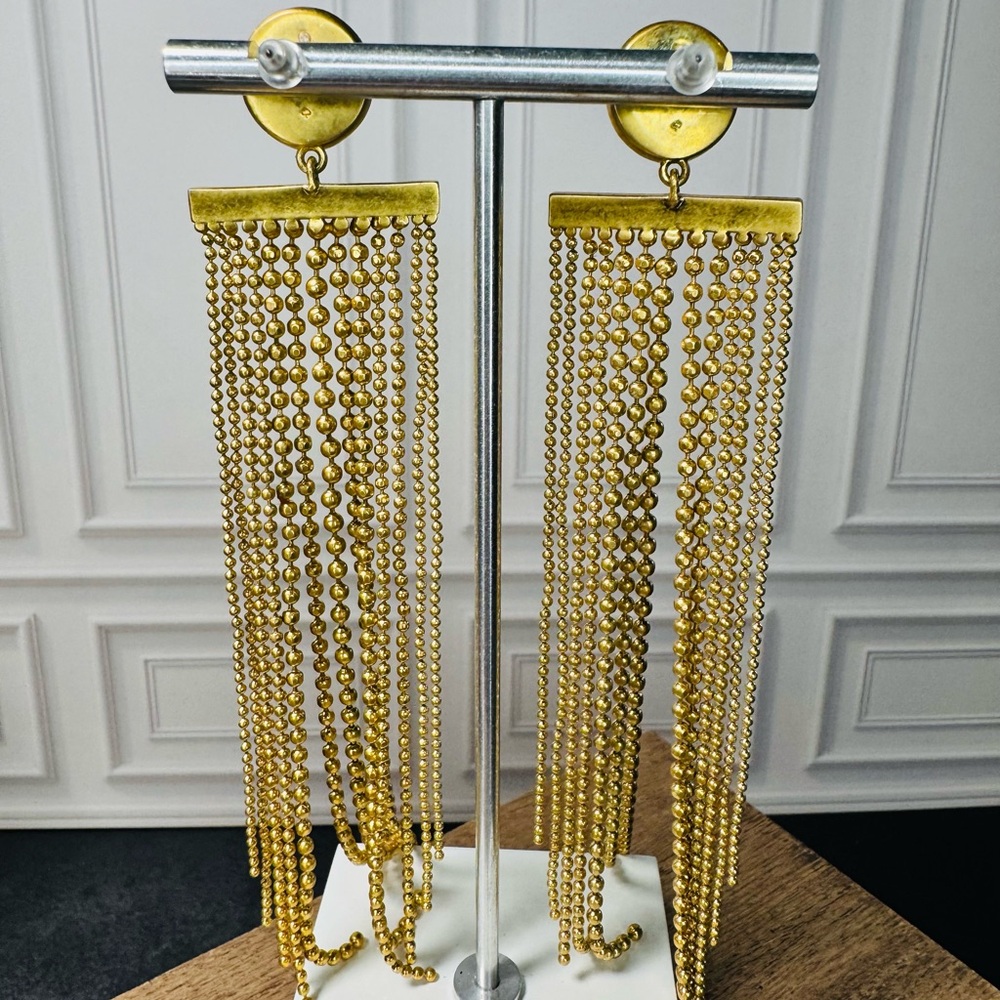 Gold Tone & CZ Tassel Statement Earrings - SKU G - Picture 4 of 5